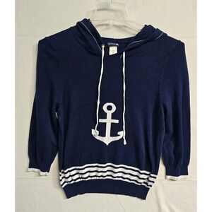 Sperry Anchors Away Hooded Sweater 3/4 Sleeve M  Knit Nautical Hoodie Navy